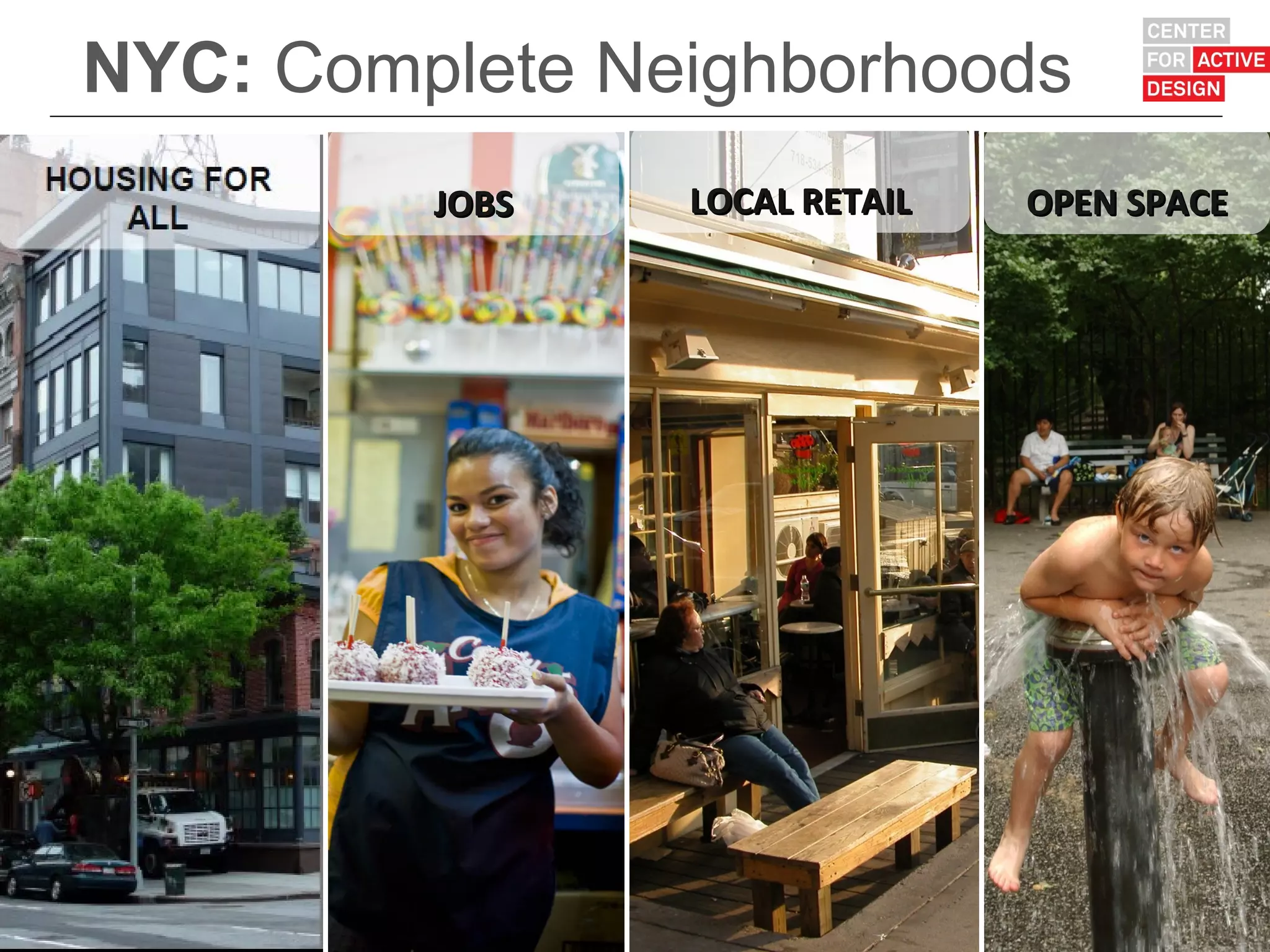 NYC: Complete Neighborhoods
         JOBS   LOCAL RETAIL   OPEN SPACE
 