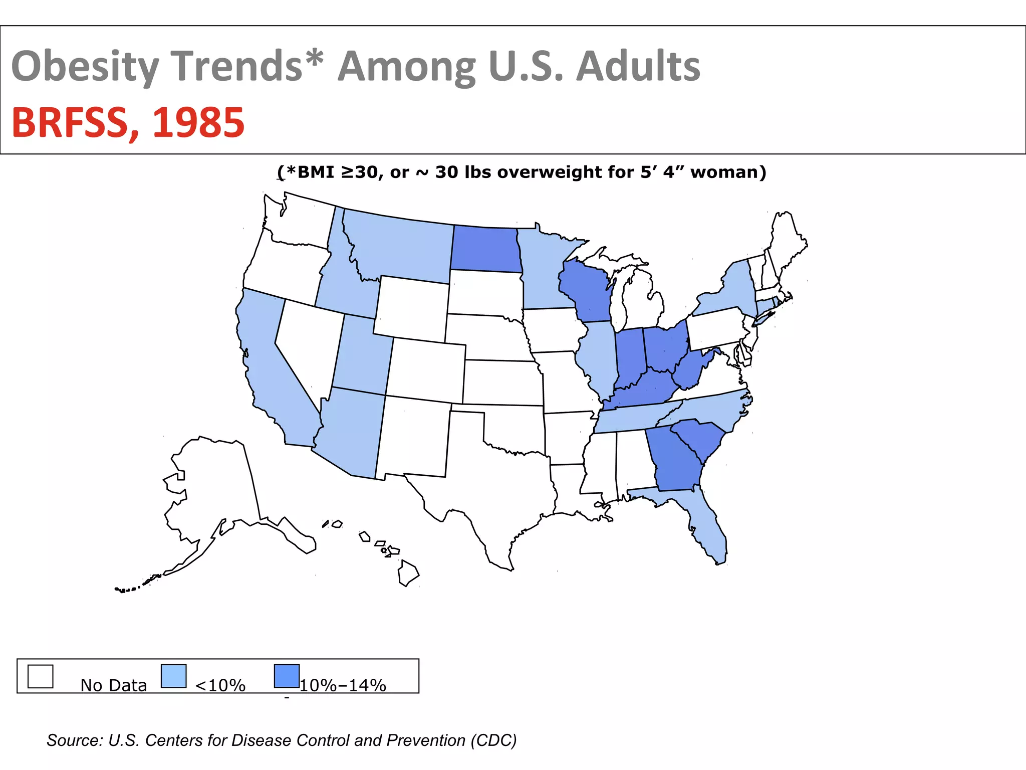 Obesity Trends* Among U.S. Adults
BRFSS, 1985
                              (*BMI ≥30, or ~ 30 lbs overweight for 5’ 4” woman)




     No Data        <10%         10%–14%


 Source: U.S. Centers for Disease Control and Prevention (CDC)
 