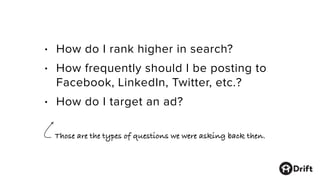 • How do I rank higher in search?
• How frequently should I be posting to
Facebook, LinkedIn, Twitter, etc.?
• How do I ta...