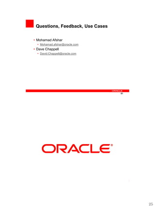 Questions, Feedback, Use Cases

• Mohamad Afshar
  • Mohamad.afshar@oracle.com
• Dave Chappell
  • David.Chappell@oracle.com




                                  61




                                  62




                                       25
 