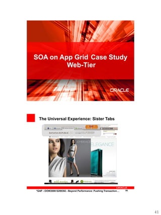 SOA on App Grid Case Study
         Web-Tier



                                                                    94




  The Universal Experience: Sister Tabs




*GAP - OOW2008 S299392 - Beyond Performance: Pushing Transaction…   95




                                                                         41
 