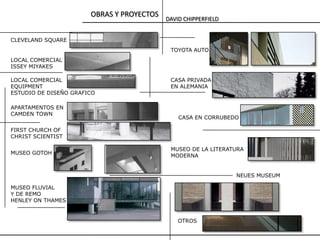 OBRAS Y PROYECTOS
                                           DAVID CHIPPERFIELD


CLEVELAND SQUARE
                                            TOYOTA AUTO
LOCAL COMERCIAL
ISSEY MIYAKES

LOCAL COMERCIAL                             CASA PRIVADA
EQUIPMENT                                   EN ALEMANIA
ESTUDIO DE DISEÑO GRAFICO

APARTAMENTOS EN
CAMDEN TOWN
                                               CASA EN CORRUBEDO

FIRST CHURCH OF
CHRIST SCIENTIST

                                            MUSEO DE LA LITERATURA
MUSEO GOTOH
                                            MODERNA


                                                                NEUES MUSEUM

MUSEO FLUVIAL
Y DE REMO
HENLEY ON THAMES


                                               OTROS
 