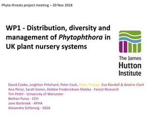 WP1 - Distribution, diversity and
management of Phytophthora in
UK plant nursery systems
Phyto-threats project meeting – 20 Nov 2018
David Cooke, Leighton Pritchard, Peter Cock, Peter Thorpe, Eva Randall & Beatrix Clark
Ana Perez, Sarah Green, Debbie Frederickson Matika - Forest Research
Tim Pettit - University of Worcester
Bethan Purse - CEH
Jane Barbrook - APHA
Alexandra Schlenzig - SASA
 