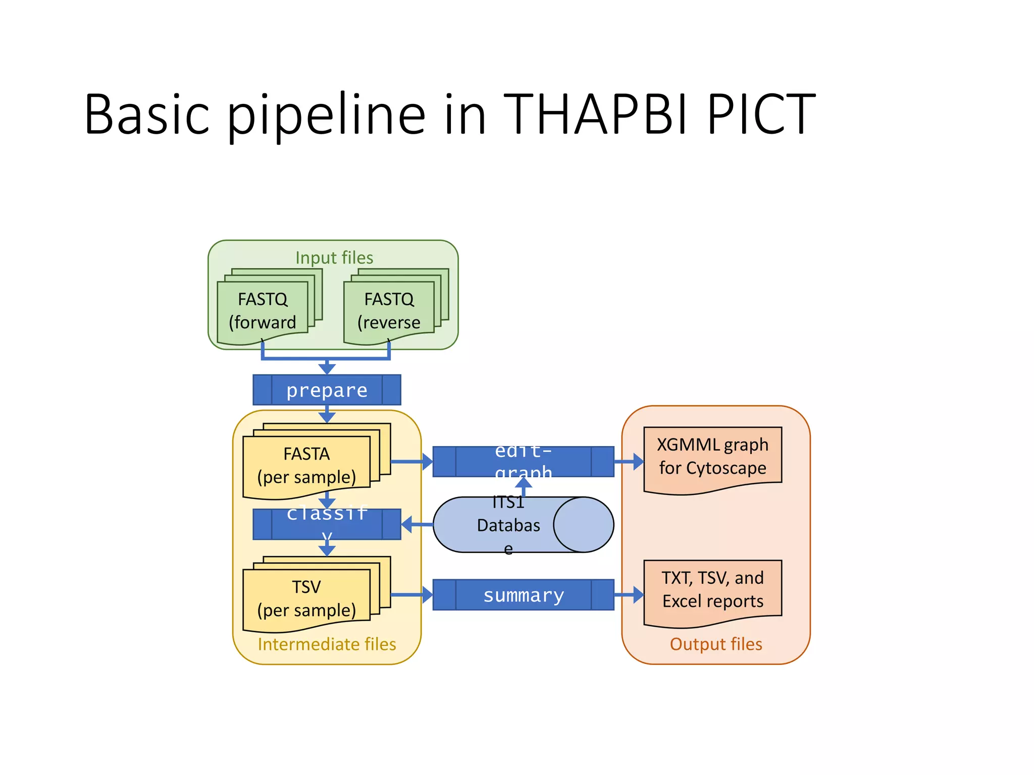 Basic pipeline in THAPBI PICT
Input files
Output filesIntermediate files
FASTQ
(forward
)
FASTQ
(reverse
)
prepare
classif
y
TSV
(per sample)
ITS1
Databas
e
FASTA
(per sample)
summary
edit-
graph
XGMML graph
for Cytoscape
TXT, TSV, and
Excel reports
 