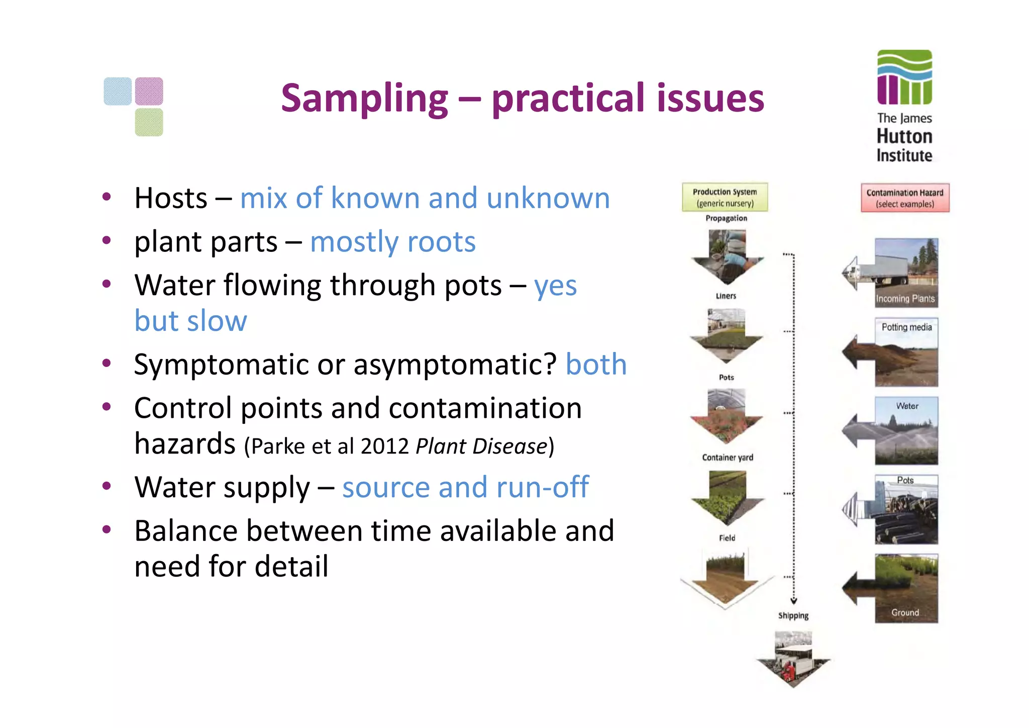 Sampling – practical issues
• Hosts – mix of known and unknown
• plant parts – mostly roots
• Water flowing through pots – yes 
but slow
• Symptomatic or asymptomatic? both
• Control points and contamination 
hazards (Parke et al 2012 Plant Disease) 
• Water supply – source and run‐off
• Balance between time available and 
need for detail
 