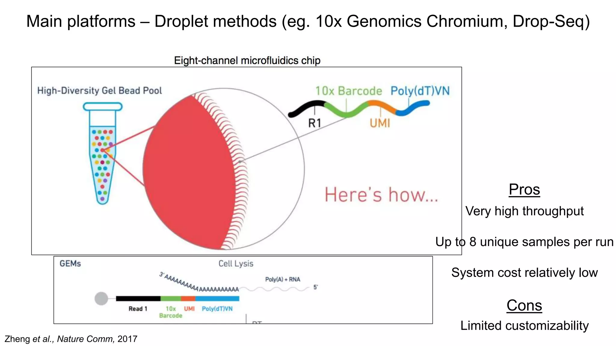 Main platforms – Droplet methods (eg. 10x Genomics Chromium, Drop-Seq)
Pros
Very high throughput
Up to 8 unique samples per run
System cost relatively low
Cons
Limited customizability
Zheng et al., Nature Comm, 2017
 