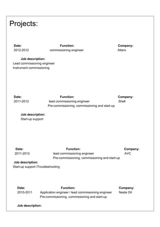 Projects:

 Date:                           Function:                               Company:
 2012-2012                 commissioning engineer                        Attero

       Job description:
 Lead commissioning engineer
 Instrument commissioning




 Date:                           Function:                               Company:
 2011-2012                lead commissioning engineer                    Shell
                         Pre-commissioning, commissioning and start-up

      Job description:
      Start-up support




  Date:                              Function:                               Company:
  2011-2012                  lead commissioning engineer                     AVC
                             Pre-commissioning, commissioning and start-up
 Job description:
 Start-up support /Troubleshooting




    Date:                          Function:                             Company:
    2010-2011       Application engineer / lead commissioning engineer   Neste Oil
                    Pre-commissioning, commissioning and start-up

    Job description:
 