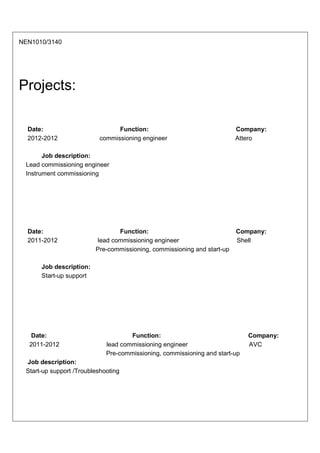 NEN1010/3140




Projects:

  Date:                          Function:                               Company:
  2012-2012                commissioning engineer                        Attero

       Job description:
 Lead commissioning engineer
 Instrument commissioning




  Date:                          Function:                               Company:
  2011-2012               lead commissioning engineer                    Shell
                         Pre-commissioning, commissioning and start-up

      Job description:
      Start-up support




  Date:                              Function:                               Company:
  2011-2012                  lead commissioning engineer                     AVC
                             Pre-commissioning, commissioning and start-up
 Job description:
 Start-up support /Troubleshooting
 