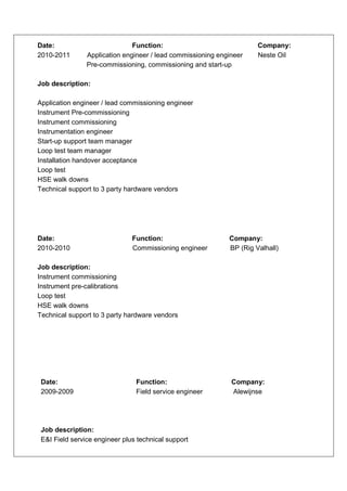 Date:                          Function:                              Company:
2010-2011       Application engineer / lead commissioning engineer    Neste Oil
                Pre-commissioning, commissioning and start-up

Job description:

Application engineer / lead commissioning engineer
Instrument Pre-commissioning
Instrument commissioning
Instrumentation engineer
Start-up support team manager
Loop test team manager
Installation handover acceptance
Loop test
HSE walk downs
Technical support to 3 party hardware vendors




Date:                          Function:                     Company:
2010-2010                      Commissioning engineer        BP (Rig Valhall)

Job description:
Instrument commissioning
Instrument pre-calibrations
Loop test
HSE walk downs
Technical support to 3 party hardware vendors




 Date:                          Function:                     Company:
 2009-2009                      Field service engineer        Alewijnse




 Job description:
 E&I Field service engineer plus technical support
 