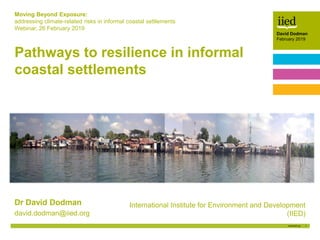 1
David Dodman
February 2019Author name
Date
David Dodman
February 2019
International Institute for Environment and Development
(IIED)
Moving Beyond Exposure:
addressing climate-related risks in informal coastal settlements
Webinar, 26 February 2019
Pathways to resilience in informal
coastal settlements
Dr David Dodman
david.dodman@iied.org
 