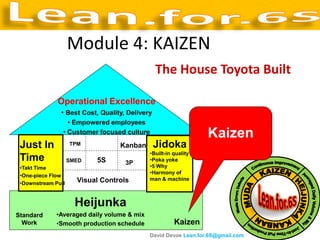 Module 4: KAIZEN
                                                The House Toyota Built

              Operational Excellence
               • Best Cost, Quality, Delivery
                  • Empowered employees
                • Customer focused culture                       Kaizen
 Just In            TPM           Kanban        Jidoka
                                             •Built-in quality
 Time               SMED   5S       3P
                                             •Poka yoke
 •Takt Time                                  •5 Why
                                             •Harmony of
 •One-piece Flow
                      Visual Controls        man & machine
 •Downstream Pull


                      Heijunka
Standard      •Averaged daily volume & mix
  Work        •Smooth production schedule              Kaizen
                                             David Devoe Lean.for.6S@gmail.com
 