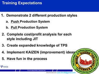 Training Expectations


1. Demonstrate 2 different production styles
  a. Push Production System
  b. Pull Production System

2. Complete cost/profit analysis for each
   style including JIT
3. Create expanded knowledge of TPS
4. Implement KAIZEN (improvement) ideas
5. Have fun in the process


                          David Devoe Lean.for.6S@gmail.com
 