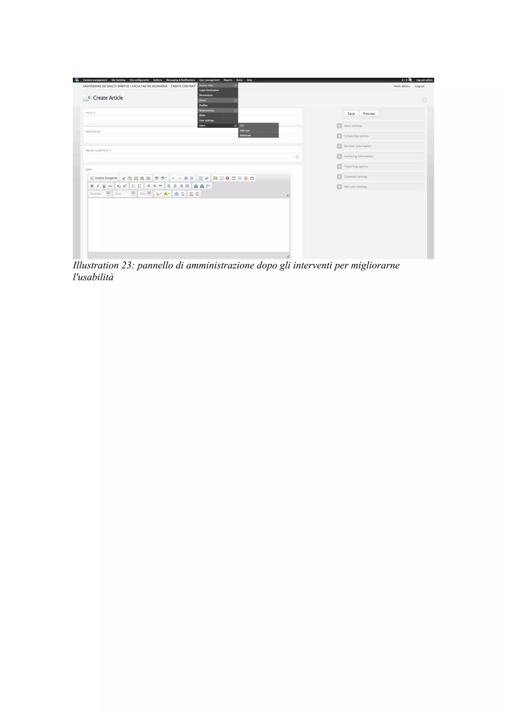 Illustration 23: pannello di amministrazione dopo gli interventi per migliorarne
l'usabilità
 