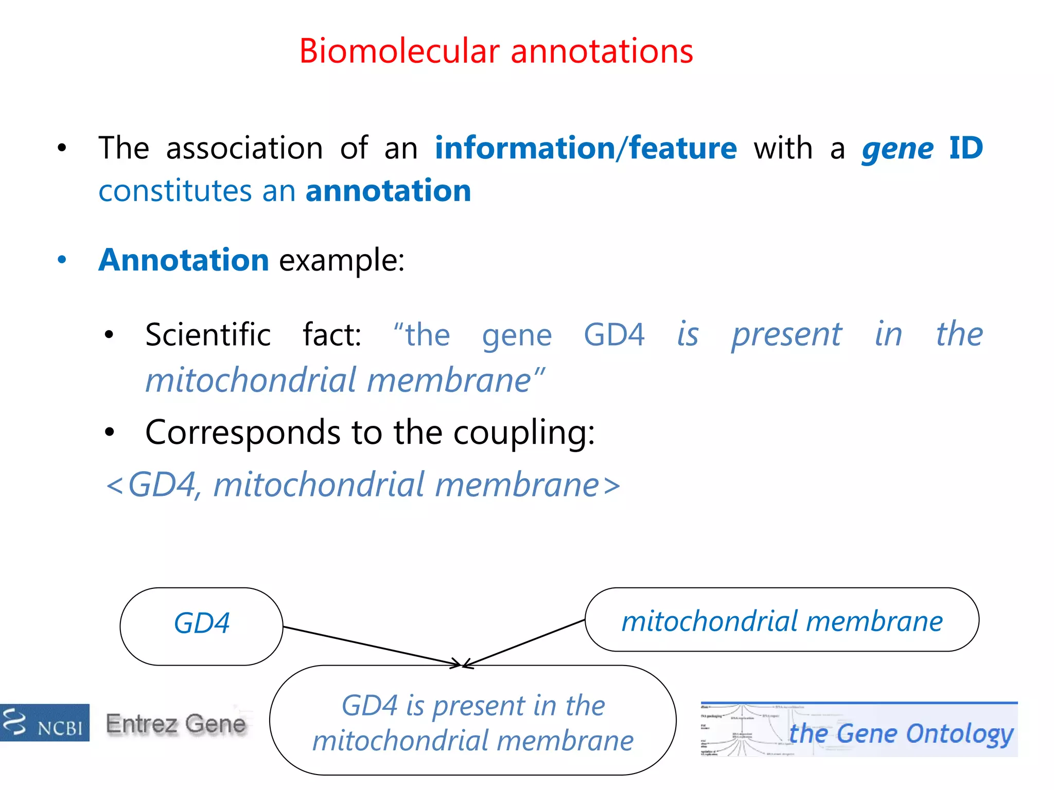 Biomolecular annotations
• The association of an information/feature with a gene ID
constitutes an annotation
• Annotation example:
• Scientific fact: “the gene GD4 is present in the
mitochondrial membrane”
• Corresponds to the coupling:
<GD4, mitochondrial membrane>
GD4 mitochondrial membrane
GD4 is present in the
mitochondrial membrane
 