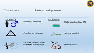 Características Factores predisponentes
Perforación
Predomina en varones
Complicación más grave
En un tercio de los casos es
su primera manifestación
Perforación
AINE especialmente de AAS
Helicobacter pylori
Tabaco y alcohol
13
 