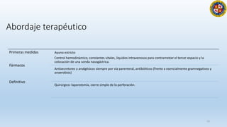 Abordaje terapéutico
15
Primeras medidas
Fármacos
Definitivo
Ayuno estricto
Control hemodinámico, constantes vitales, líquidos intravenosos para contrarrestar el tercer espacio y la
colocación de una sonda nasogástrica.
Antisecretores y analgésicos siempre por vía parenteral, antibióticos (frente a esencialmente gramnegativos y
anaerobios)
Quirúrgico: laparotomía, cierre simple de la perforación.
 