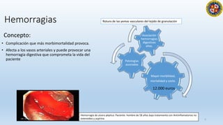 Hemorragias
Concepto:
• Complicación que más morbimortalidad provoca.
• Afecta a los vasos arteriales y puede provocar una
hemorragia digestiva que comprometa la vida del
paciente
5
Mayor morbilidad,
mortalidad y coste.
Patologías
asociadas
Asociación
hemorragias
digestivas
altas.
Hemorragia de ulcera péptica. Paciente: hombre de 58 años bajo tratamiento con Antiinflamatorios no
esteroideo y aspirina
Rotura de las yemas vasculares del tejido de granulación
12.000 euros
 