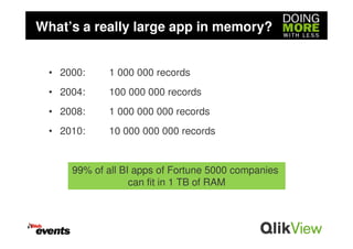 What’s a really large app in memory?


 • 2000:    1 000 000 records
 • 2004:    100 000 000 records
 • 2008:    1 000 000 000 records
 • 2010:    10 000 000 000 records


     99% of all BI apps of Fortune 5000 companies
                  can fit in 1 TB of RAM
 