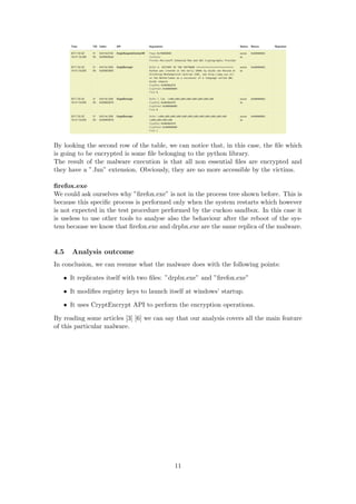 By looking the second row of the table, we can notice that, in this case, the ﬁle which
is going to be encrypted is some ﬁle belonging to the python library.
The result of the malware execution is that all non essential ﬁles are encrypted and
they have a ”.fun” extension. Obviously, they are no more accessible by the victims.
ﬁrefox.exe
We could ask ourselves why ”ﬁrefox.exe” is not in the process tree shown before. This is
because this speciﬁc process is performed only when the system restarts which however
is not expected in the test procedure performed by the cuckoo sandbox. In this case it
is useless to use other tools to analyse also the behaviour after the reboot of the sys-
tem because we know that ﬁrefox.exe and drpbx.exe are the same replica of the malware.
4.5 Analysis outcome
In conclusion, we can resume what the malware does with the following points:
• It replicates itself with two ﬁles: ”drpbx.exe” and ”ﬁrefox.exe”
• It modiﬁes registry keys to launch itself at windows’ startup.
• It uses CryptEncrypt API to perform the encryption operations.
By reading some articles [3] [6] we can say that our analysis covers all the main feature
of this particular malware.
11
 