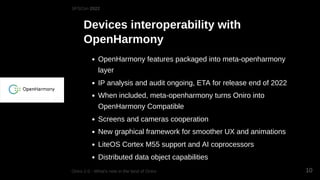 Devices interoperability with
OpenHarmony
OpenHarmony features packaged into meta-openharmony
layer
IP analysis and audit ...