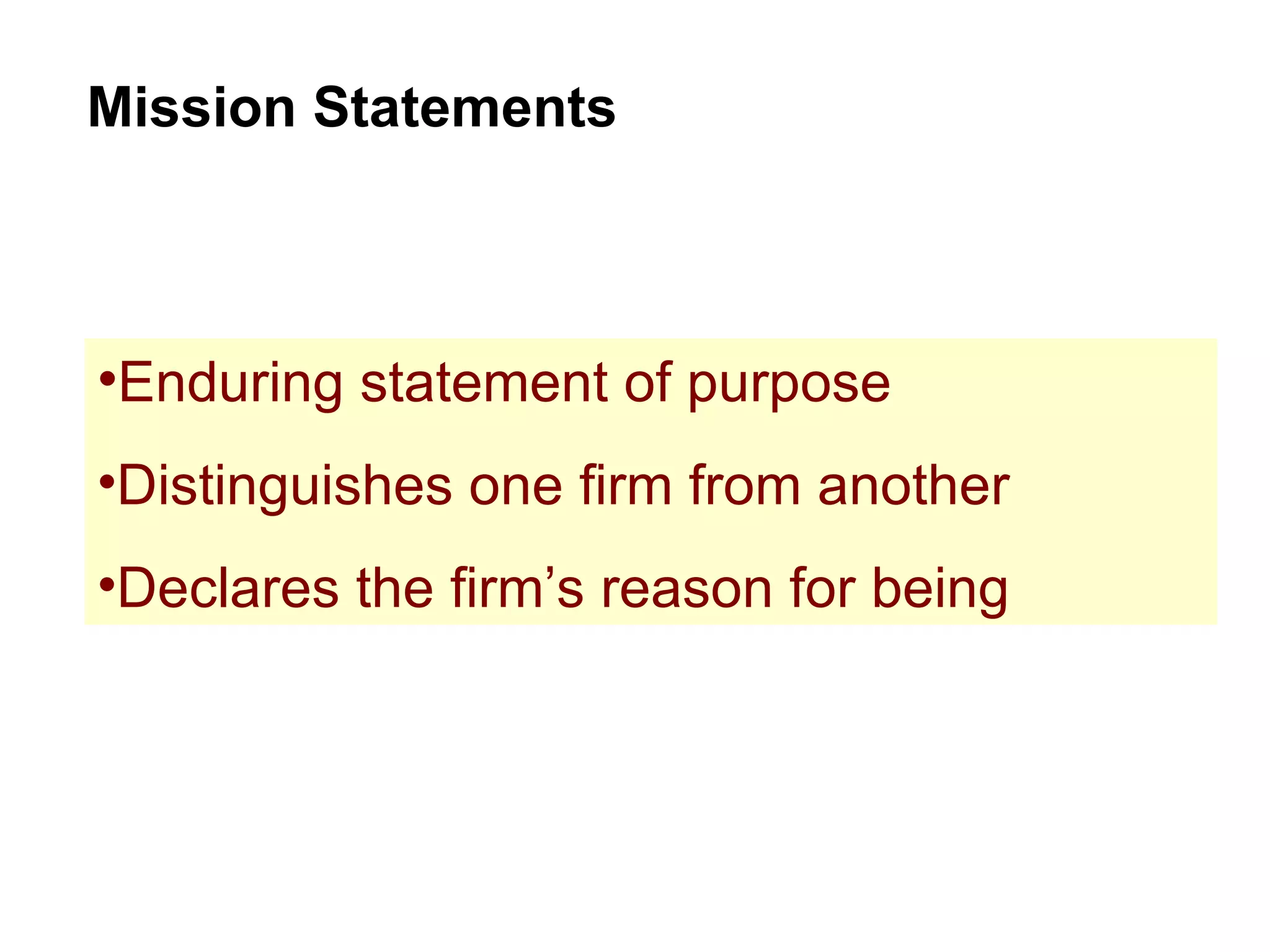 Mission Statements Enduring statement of purpose Distinguishes one firm from another Declares the firm’s reason for being 
