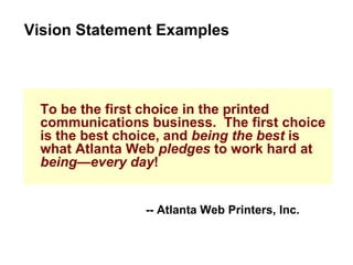 To be the first choice in the printed communications business.  The first choice is the best choice, and  being the best  is what Atlanta Web  pledges  to work hard at  being—every day ! Vision Statement Examples -- Atlanta Web Printers, Inc. 