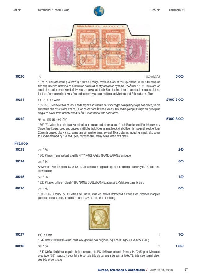 David Feldman Stamp Auctioneers Europe Collections June 14