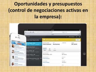 Oportunidades y presupuestos
(control de negociaciones activas en
            la empresa):
 