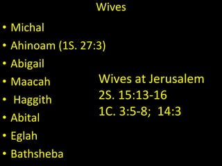 Wives Michal Ahinoam (1S. 27:3) Abigail Maacah Haggith Abital Eglah Bathsheba Wives at Jerusalem 2S. 15:13-16 1C. 3:5-8;  14:3 