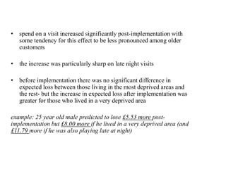 • spend on a visit increased significantly post-implementation with
some tendency for this effect to be less pronounced among older
customers
• the increase was particularly sharp on late night visits
• before implementation there was no significant difference in
expected loss between those living in the most deprived areas and
the rest- but the increase in expected loss after implementation was
greater for those who lived in a very deprived area
example: 25 year old male predicted to lose £5.53 more post-
implementation but £8.00 more if he lived in a very deprived area (and
£11.79 more if he was also playing late at night)
 