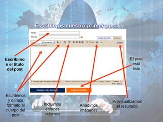 EscribimoEscribimo
s el títulos el título
del postdel post
EscribimosEscribimos
y damosy damos
formato alformato al
cuerpo delcuerpo del
postpost
IncluimosIncluimos
enlacesenlaces
externosexternos
AñadimosAñadimos
imágenesimágenes
PrevisualizamosPrevisualizamos
el resultadoel resultado
El postEl post
estáestá
listolisto
 
