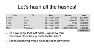 Let’s chain the blocks!
l  Each block’s hash is
also hashed with the
next block
l  This gives us a hash
of the whole chain...