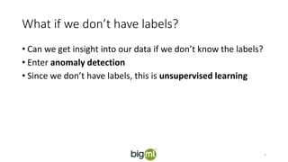 What if we don’t have labels?
• Can we get insight into our data if we don’t know the labels?
• Enter anomaly detection
• Since we don’t have labels, this is unsupervised learning
3
 