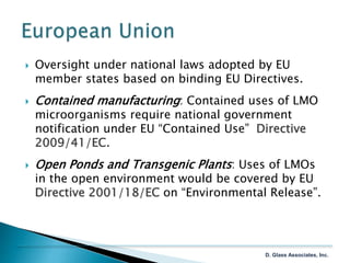  Oversight under national laws adopted by EU
member states based on binding EU Directives.
 Contained manufacturing: Con...