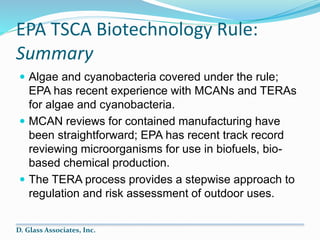 EPA TSCA Biotechnology Rule:
Summary
 Algae and cyanobacteria covered under the rule;
EPA has recent experience with MCAN...