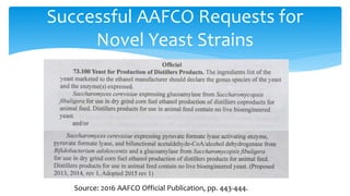Successful AAFCO Requests for
Novel Yeast Strains
Source: 2016 AAFCO Official Publication, pp. 443-444.
 