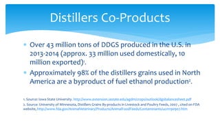 ∗ Over 43 million tons of DDGS produced in the U.S. in
2013-2014 (approx. 33 million used domestically, 10
million exporte...