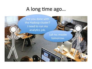 A 
long 
1me 
ago… 
Are 
you 
done 
with 
the 
Hadoop 
cluster? 
I 
need 
to 
run 
my 
analy1cs 
job. 
Lol 
no; 
maybe 
tomorrow. 
 