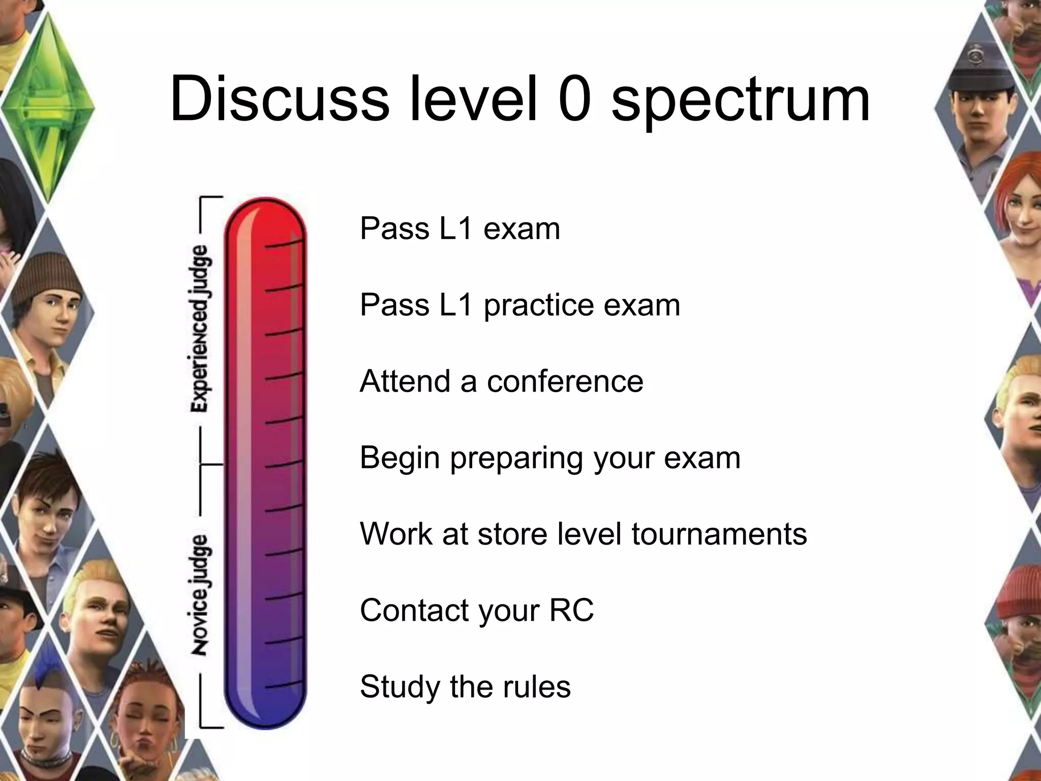 Discuss level 0 spectrum 
Pass L1 exam 
Pass L1 practice exam 
Attend a conference 
Begin preparing your exam 
Work at store level tournaments 
Contact your RC 
Study the rules 
 