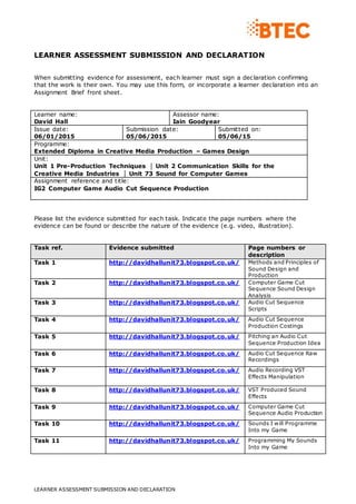 LEARNER ASSESSMENT SUBMISSION AND DECLARATION
LEARNER ASSESSMENT SUBMISSION AND DECLARATION
When submitting evidence for assessment, each learner must sign a declaration confirming
that the work is their own. You may use this form, or incorporate a learner declaration into an
Assignment Brief front sheet.
Learner name:
David Hall
Assessor name:
Iain Goodyear
Issue date:
06/01/2015
Submission date:
05/06/2015
Submitted on:
05/06/15
Programme:
Extended Diploma in Creative Media Production – Games Design
Unit:
Unit 1 Pre-Production Techniques │ Unit 2 Communication Skills for the
Creative Media Industries │ Unit 73 Sound for Computer Games
Assignment reference and title:
IG2 Computer Game Audio Cut Sequence Production
Please list the evidence submitted for each task. Indicate the page numbers where the
evidence can be found or describe the nature of the evidence (e.g. video, illustration).
Task ref. Evidence submitted Page numbers or
description
Task 1 http://davidhallunit73.blogspot.co.uk/ Methods and Principles of
Sound Design and
Production
Task 2 http://davidhallunit73.blogspot.co.uk/ Computer Game Cut
Sequence Sound Design
Analysis
Task 3 http://davidhallunit73.blogspot.co.uk/ Audio Cut Sequence
Scripts
Task 4 http://davidhallunit73.blogspot.co.uk/ Audio Cut Sequence
Production Costings
Task 5 http://davidhallunit73.blogspot.co.uk/ Pitching an Audio Cut
Sequence Production Idea
Task 6 http://davidhallunit73.blogspot.co.uk/ Audio Cut Sequence Raw
Recordings
Task 7 http://davidhallunit73.blogspot.co.uk/ Audio Recording VST
Effects Manipulation
Task 8 http://davidhallunit73.blogspot.co.uk/ VST Produced Sound
Effects
Task 9 http://davidhallunit73.blogspot.co.uk/ Computer Game Cut
Sequence Audio Production
Task 10 http://davidhallunit73.blogspot.co.uk/ Sounds I will Programme
Into my Game
Task 11 http://davidhallunit73.blogspot.co.uk/ Programming My Sounds
Into my Game
 