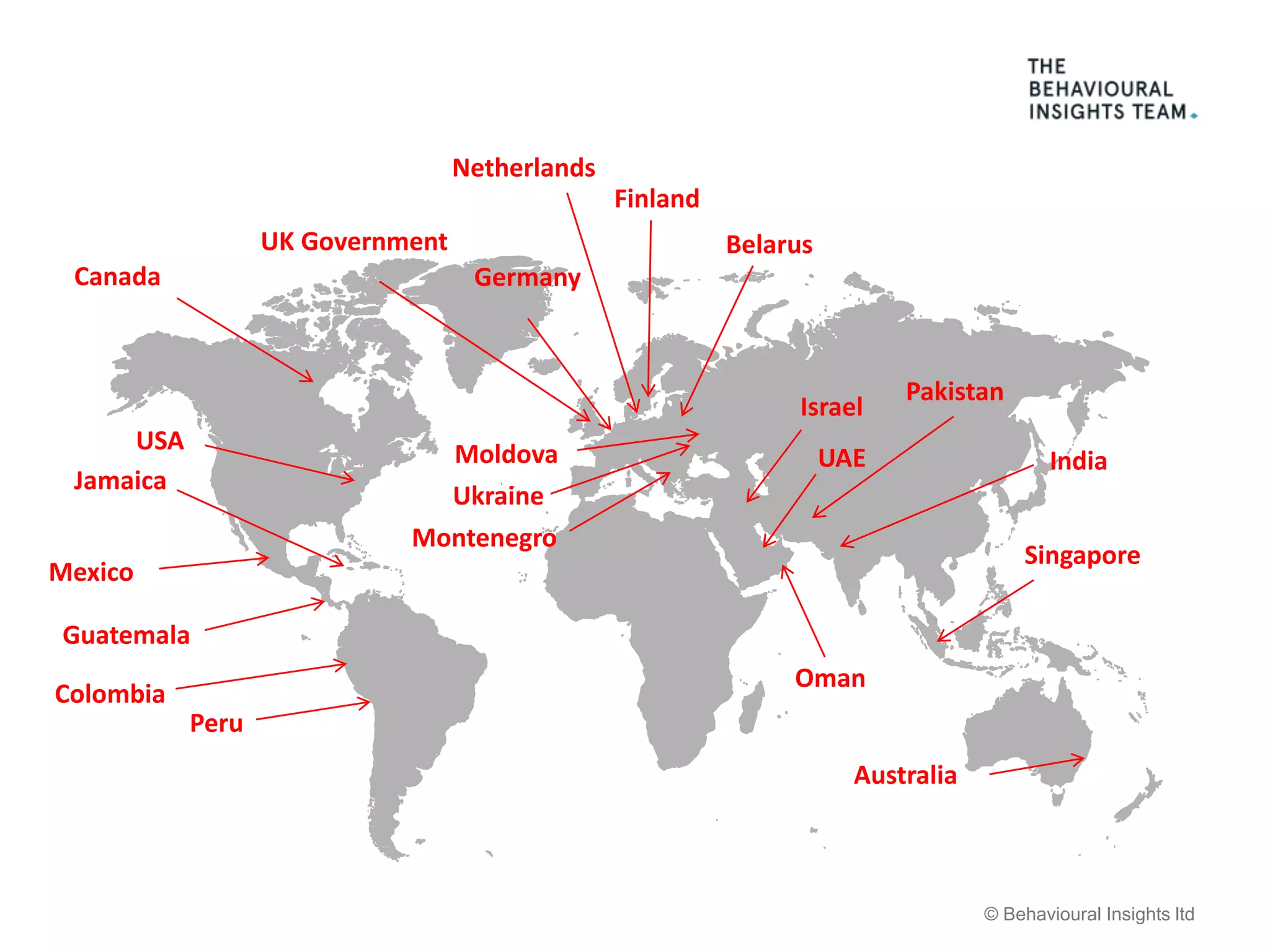 © Behavioural Insights ltd
Australia
Singapore
Peru
USA
Israel
UK Government
Moldova
Ukraine
Belarus
Montenegro
Guatemala
Canada
Oman
UAE
Germany
Finland
Netherlands
Pakistan
India
Mexico
Colombia
Jamaica
 