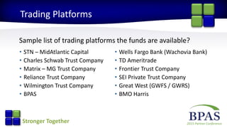 2015 Partner ConferenceStronger Together
Trading Platforms
• STN – MidAtlantic Capital
• Charles Schwab Trust Company
• Matrix – MG Trust Company
• Reliance Trust Company
• Wilmington Trust Company
• BPAS
• Wells Fargo Bank (Wachovia Bank)
• TD Ameritrade
• Frontier Trust Company
• SEI Private Trust Company
• Great West (GWFS / GWRS)
• BMO Harris
Sample list of trading platforms the funds are available?
 