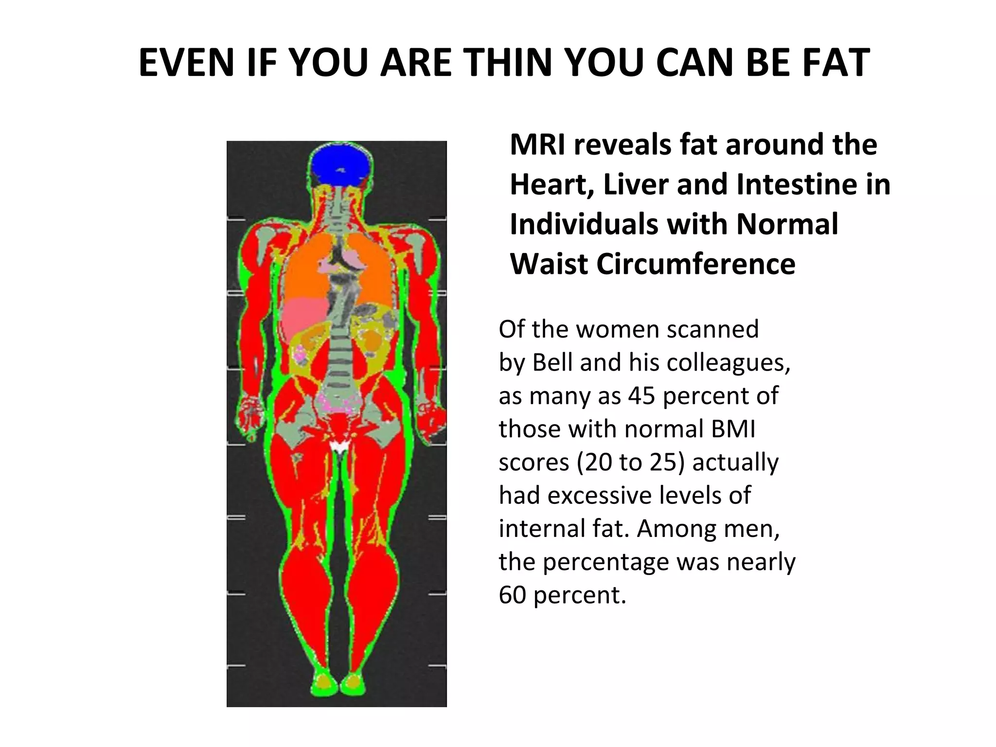 EVEN IF YOU ARE THIN YOU CAN BE FAT
MRI reveals fat around the
Heart, Liver and Intestine in
Individuals with Normal
Waist Circumference
Of the women scanned
by Bell and his colleagues,
as many as 45 percent of
those with normal BMI
scores (20 to 25) actually
had excessive levels of
internal fat. Among men,
the percentage was nearly
60 percent.
 