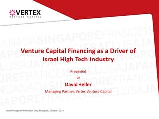 Venture Capital Financing as a Driver of
Israel High Tech Industry
Presented
by

David Heller
Managing Partner, Vertex Venture Capital

Israeli-Hungarian Innovation Day, Budapest, October 2013

 
