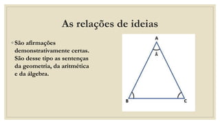 As relações de ideias
◦ São afirmações
demonstrativamente certas.
São desse tipo as sentenças
da geometria, da aritmética
e da álgebra.
 