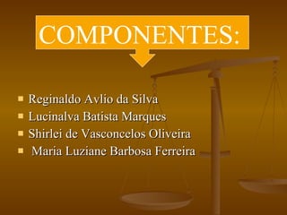 Reginaldo Avlio da Silva Lucinalva Batista Marques Shirlei de Vasconcelos Oliveira Maria Luziane Barbosa Ferreira COMPONENTES: 