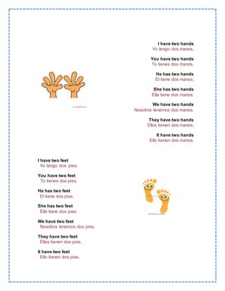 I have two hands
Yo tengo dos manos.
You have two hands
Tú tienes dos manos.
He has two hands
El tiene dos manos.
She has two hands
Ella tiene dos manos.
We have two hands
Nosotros tenemos dos manos.
They have two hands
Ellos tienen dos manos.
It have two hands
Ello tienen dos manos.
I have two feet
Yo tengo dos pies.
You have two feet
Tú tienes dos pies.
He has two feet
El tiene dos pies.
She has two feet
Ella tiene dos pies.
We have two feet
Nosotros tenemos dos pies.
They have two feet
Ellos tienen dos pies.
It have two feet
Ello tienen dos pies.
 