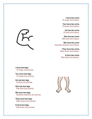 I have two arms
Yo tengo dos brazos.
You have two arms
Tú tienes dos brazos.
He has two arms
El tiene dos brazos.
She has two arms
Ella tiene dos brazos.
We have two arms
Nosotros tenemos dos brazos.
They have two arms
Ellos tienen dos brazos.
It have two arms
Ello tienen dos brazos.
I have two legs
Yo tengo dos piernas.
You have two legs
Tú tienes dos piernas.
He has two legs
El tiene dos piernas.
She has two legs
Ella tiene dos piernas.
We have two legs
Nosotros tenemos dos piernas
They have two legs
Ellos tienen dos piernas
It have two legs
Ello tienen dos piernas
 