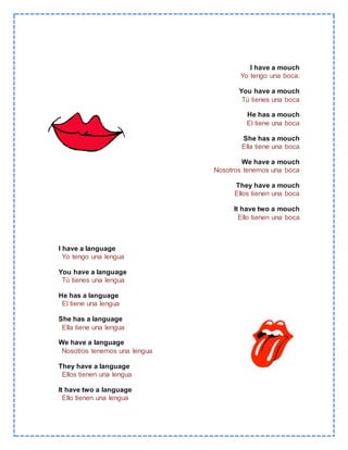 I have a mouch
Yo tengo una boca.
You have a mouch
Tú tienes una boca
He has a mouch
El tiene una boca
She has a mouch
Ella tiene una boca
We have a mouch
Nosotros tenemos una boca
They have a mouch
Ellos tienen una boca
It have two a mouch
Ello tienen una boca
I have a language
Yo tengo una lengua
You have a language
Tú tienes una lengua
He has a language
El tiene una lengua
She has a language
Ella tiene una lengua
We have a language
Nosotros tenemos una lengua
They have a language
Ellos tienen una lengua
It have two a language
Ello tienen una lengua
 