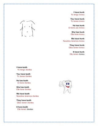 I have trunk
Yo tengo tronco
You have trunk
Tú tienes tronco
He has trunk
El tiene una tronco
She has trunk
Ella tiene tronco
We have trunk
Nosotros tenemos tronco
They have trunk
Ellos tienen tronco
It have trunk
Ello tienen tronco
I have tooth
Yo tengo dientes
You have tooth
Tú tienes dientes
He has tooth
El tiene dientes
She has tooth
Ella tiene dientes
We have tooth
Nosotros tenemos dientes
They have tooth
Ellos tienen dientes
It have tooth
Ello tienen dientes
 